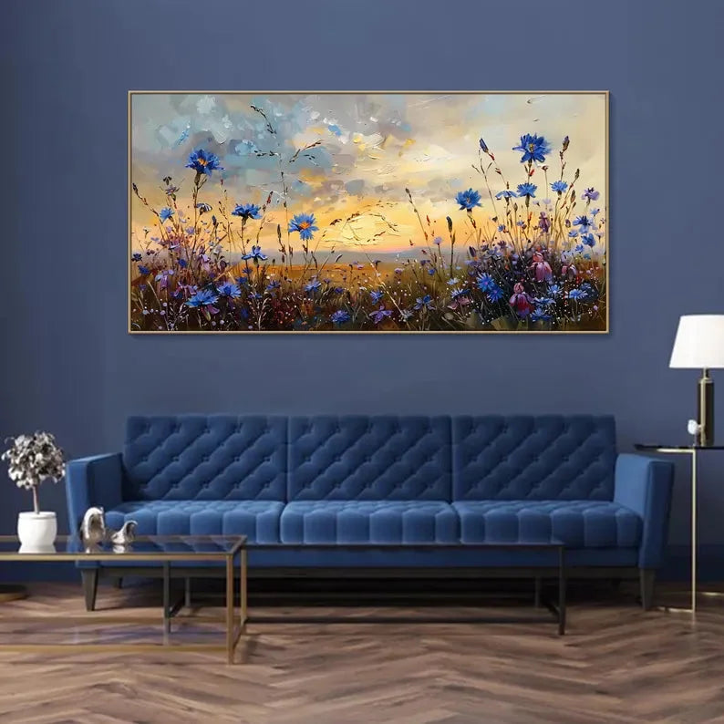 Multicolor Floral Prairie-Hand-Painted Texture Oil Painting Of A Dusk Wildflower Scene For Wall Art - Artwallpainting