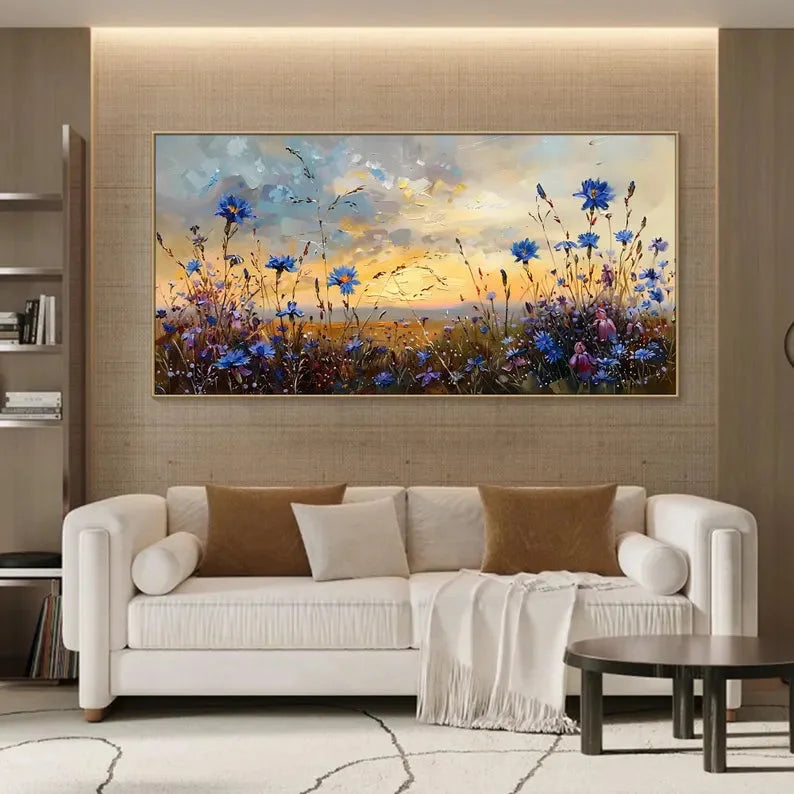 Multicolor Floral Prairie-Hand-Painted Texture Oil Painting Of A Dusk Wildflower Scene For Wall Art - Artwallpainting