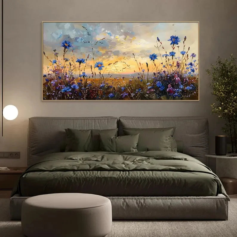 Multicolor Floral Prairie-Hand-Painted Texture Oil Painting Of A Dusk Wildflower Scene For Wall Art - Artwallpainting