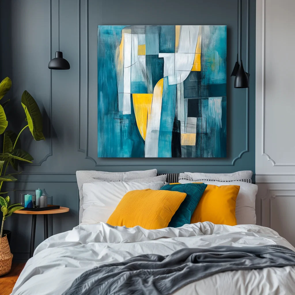 Multicolor Flow-Modern Interior Decoration Blue And Yellow Geometric Abstract Oil Painting Wall Art - Artwallpainting