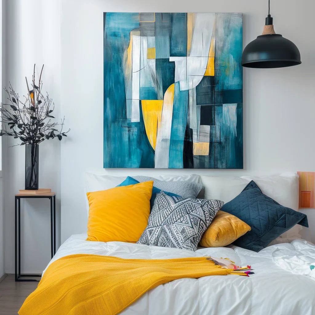Multicolor Flow-Modern Interior Decoration Blue And Yellow Geometric Abstract Oil Painting Wall Art - Artwallpainting