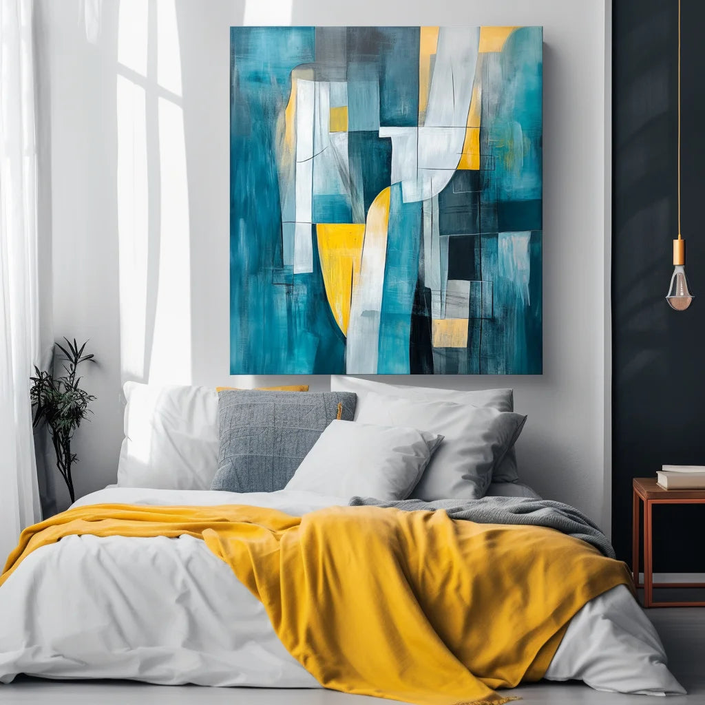 Multicolor Flow-Modern Interior Decoration Blue And Yellow Geometric Abstract Oil Painting Wall Art - Artwallpainting