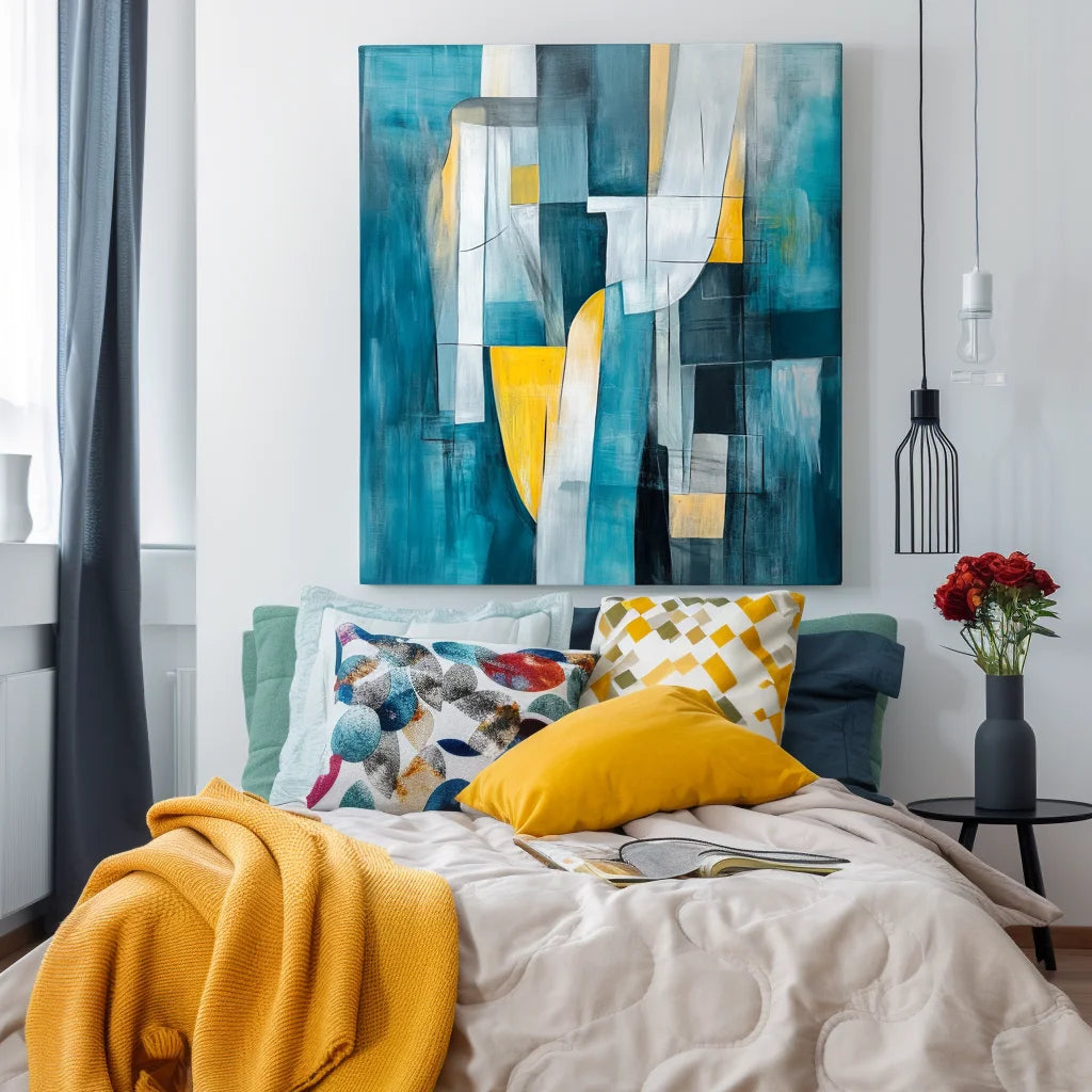 Multicolor Flow-Modern Interior Decoration Blue And Yellow Geometric Abstract Oil Painting Wall Art - Artwallpainting
