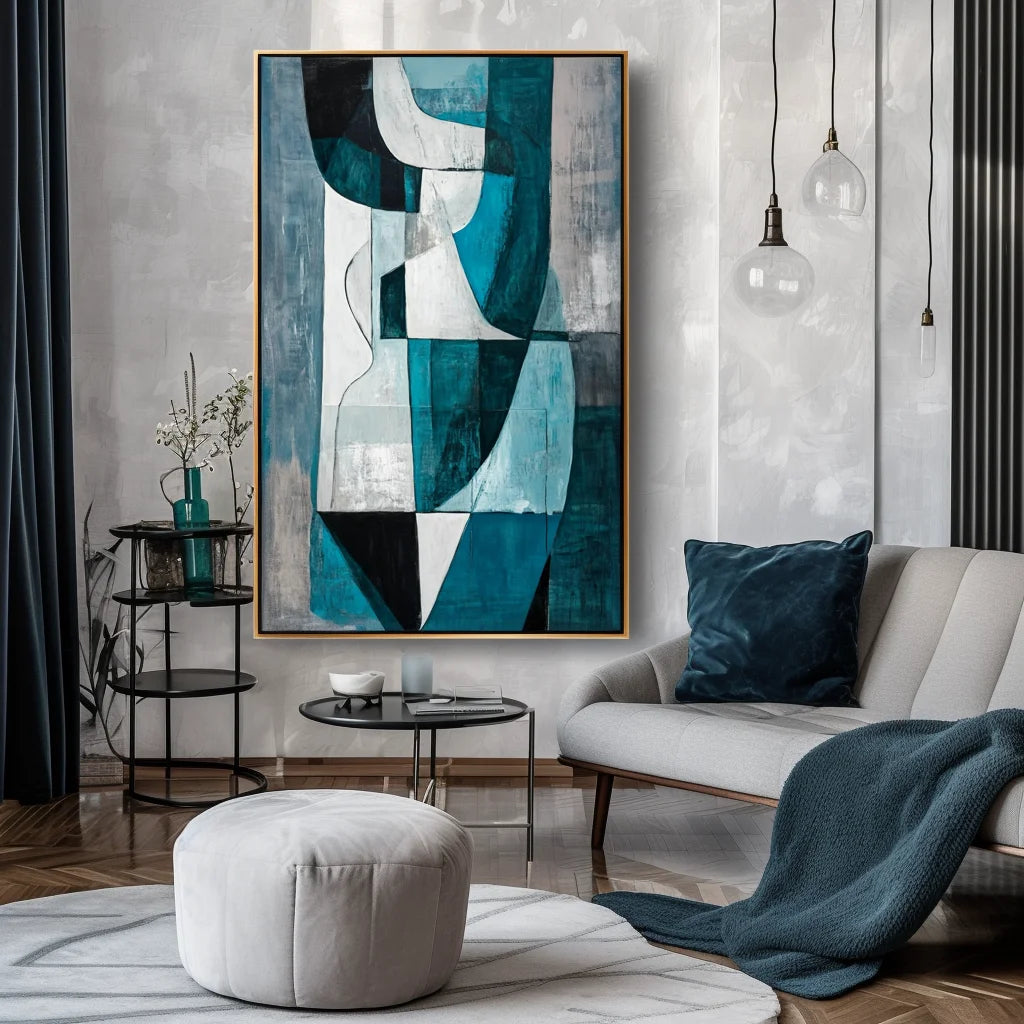 Multicolor Fragmented Harmony-Hand-Painted Blue And Green Geometric Texture Oil Painting Wall A1Rt - Artwallpainting