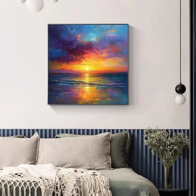 Multicolor Hour Vibrant Sunset Seascape Textured Oil Painting - Artwallpainting