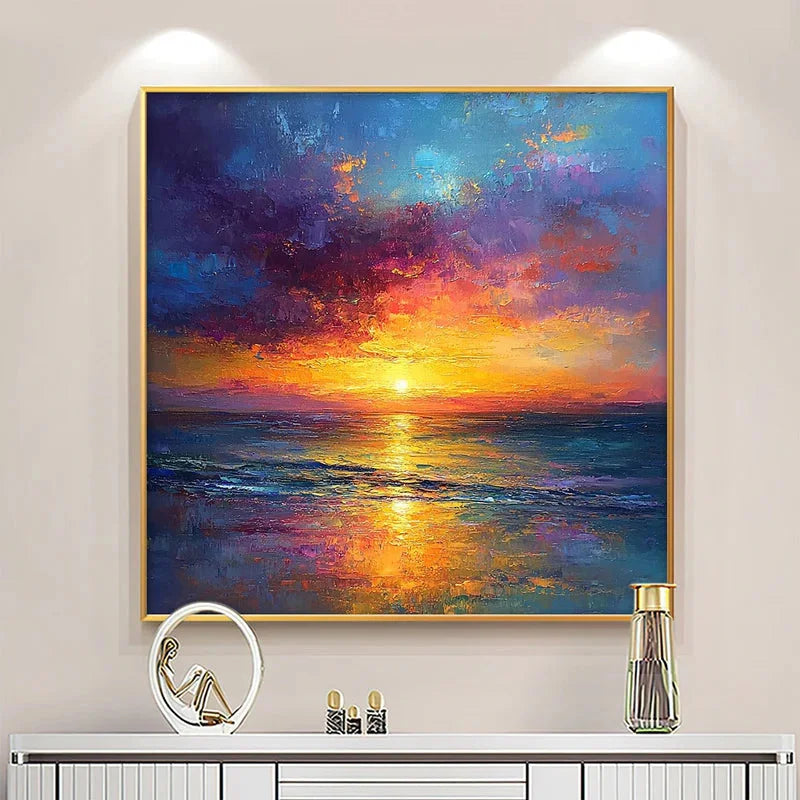 Multicolor Hour Vibrant Sunset Seascape Textured Oil Painting - Artwallpainting