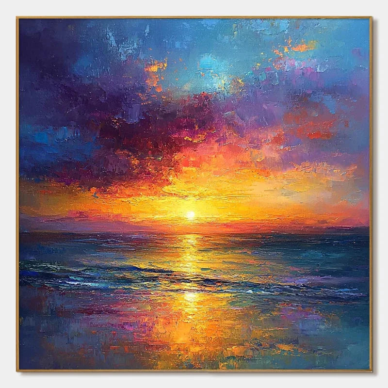 Multicolor Hour Vibrant Sunset Seascape Textured Oil Painting - Artwallpainting