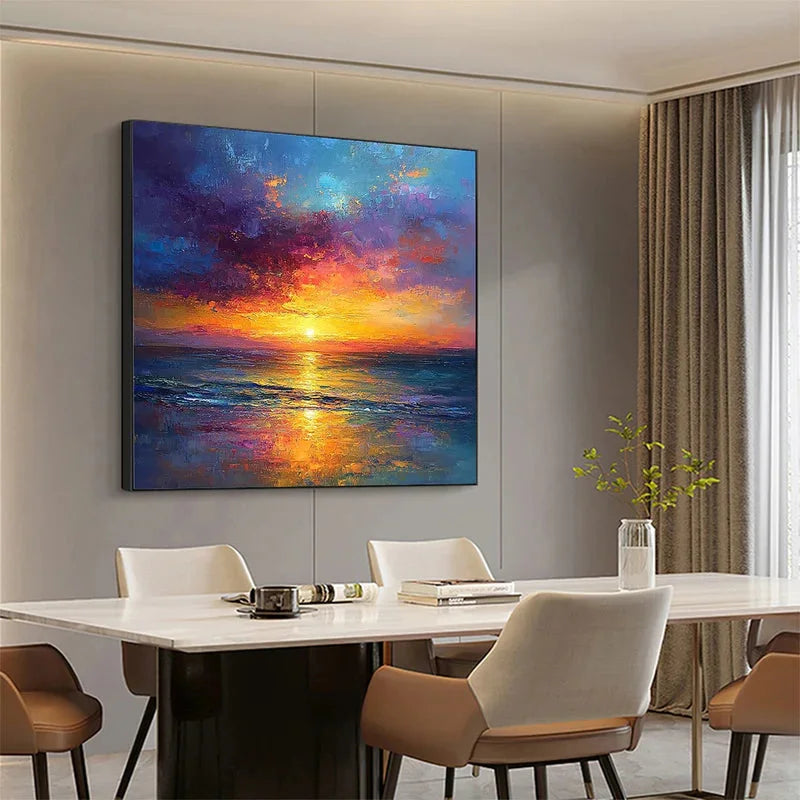 Multicolor Hour Vibrant Sunset Seascape Textured Oil Painting - Artwallpainting