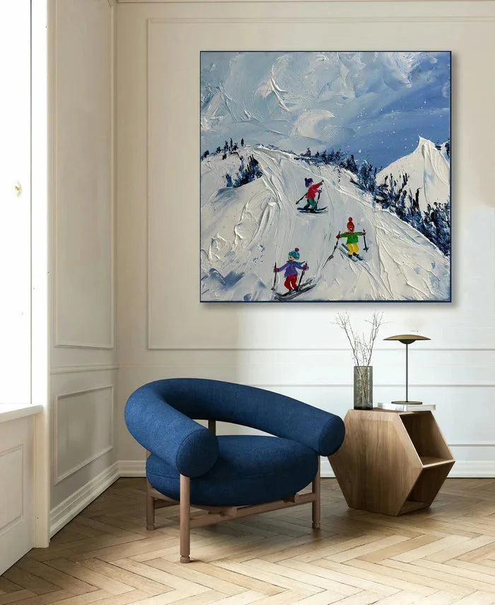 Multicolor Joy Of Winter Slopes - Skiing Theme Textured Oil Painting - Artwallpainting