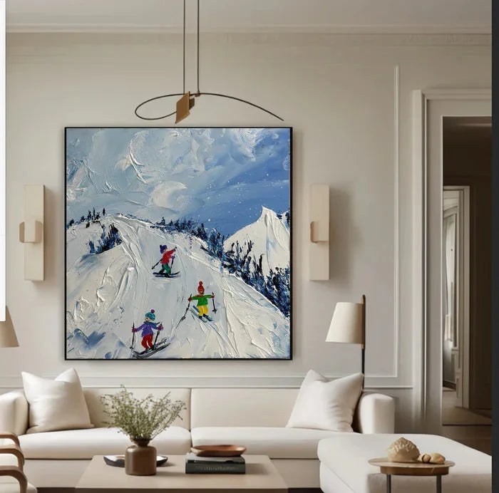 Multicolor Joy Of Winter Slopes - Skiing Theme Textured Oil Painting - Artwallpainting