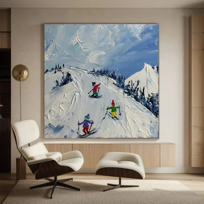 Multicolor Joy Of Winter Slopes - Skiing Theme Textured Oil Painting - Artwallpainting