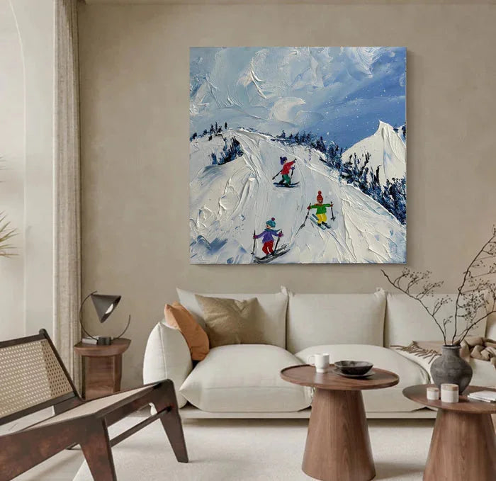 Multicolor Joy Of Winter Slopes - Skiing Theme Textured Oil Painting - Artwallpainting
