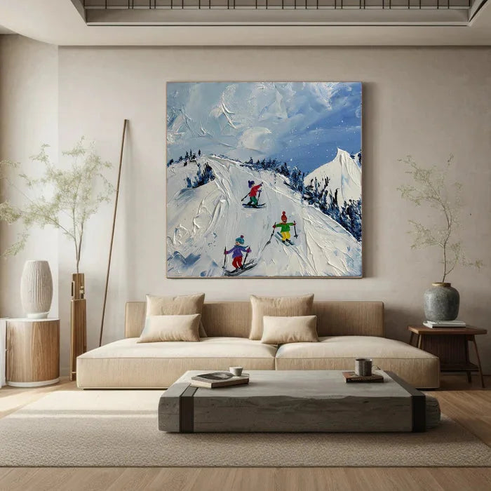 Multicolor Joy Of Winter Slopes - Skiing Theme Textured Oil Painting - Artwallpainting