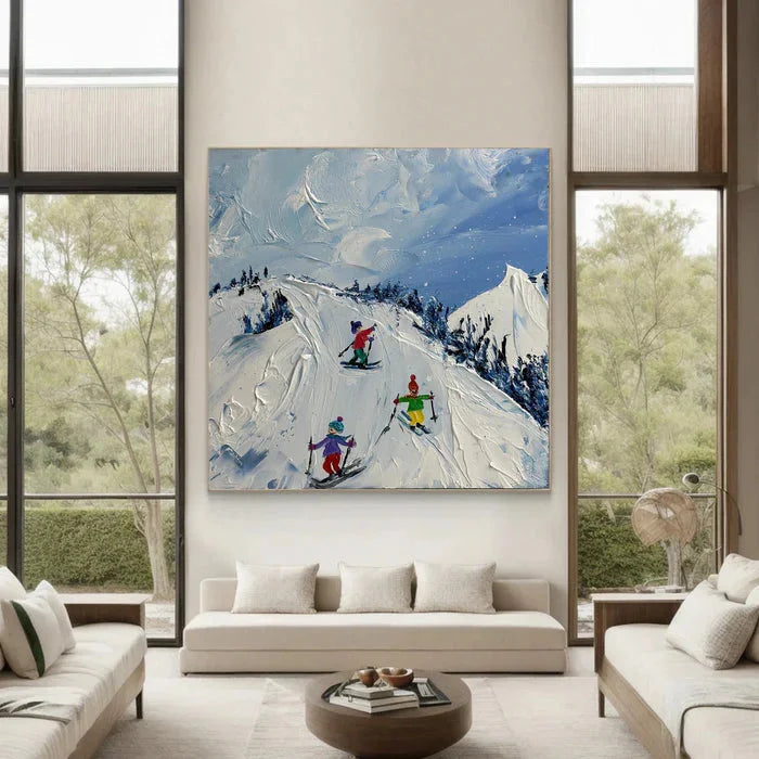 Multicolor Joy Of Winter Slopes - Skiing Theme Textured Oil Painting - Artwallpainting