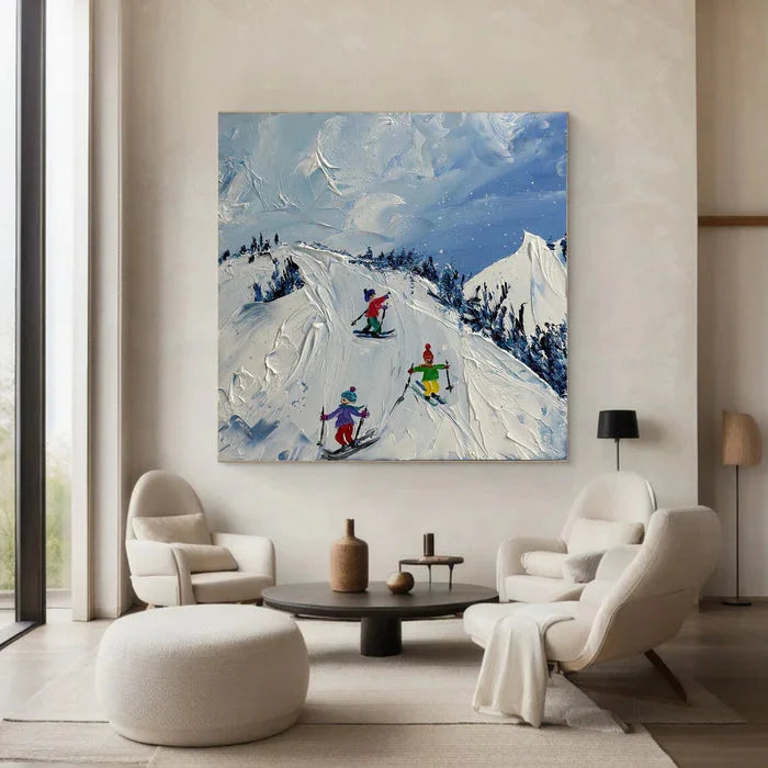 Multicolor Joy Of Winter Slopes - Skiing Theme Textured Oil Painting - Artwallpainting