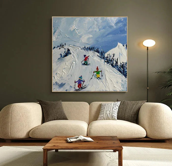 Multicolor Joy Of Winter Slopes - Skiing Theme Textured Oil Painting - Artwallpainting