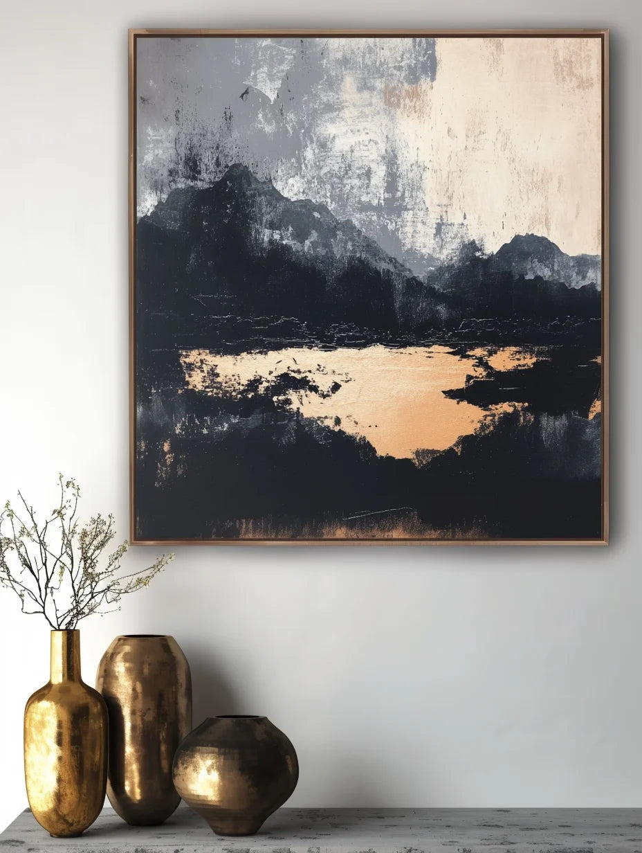 Multicolor Midnight Horizon-Hand-Painted And Gray Abstract Ink Mountain Wall Art - Artwallpainting
