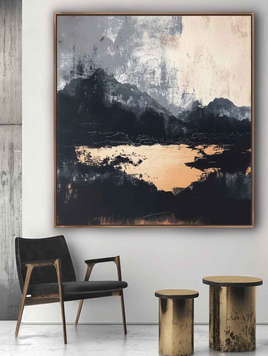 Multicolor Midnight Horizon-Hand-Painted And Gray Abstract Ink Mountain Wall Art - Artwallpainting