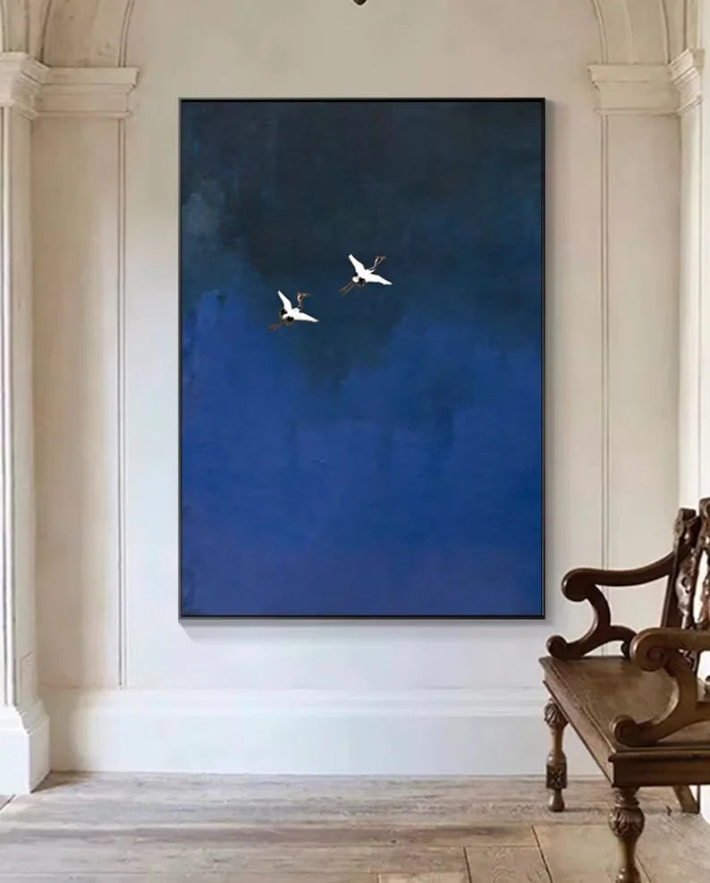 Multicolor Minimalist Blue Crane Oil Painting Tranquil Asian-Inspired Wall Art - Artwallpainting
