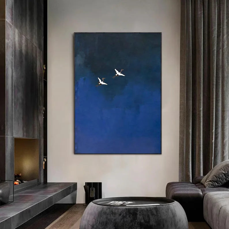 Multicolor Minimalist Blue Crane Oil Painting Tranquil Asian-Inspired Wall Art - Artwallpainting