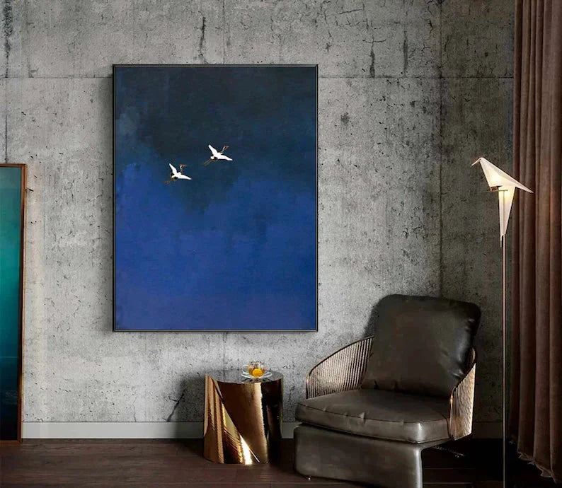 Multicolor Minimalist Blue Crane Oil Painting Tranquil Asian-Inspired Wall Art - Artwallpainting