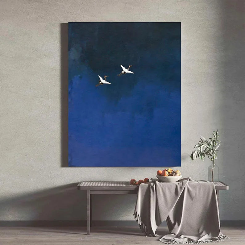 Multicolor Minimalist Blue Crane Oil Painting Tranquil Asian-Inspired Wall Art - Artwallpainting
