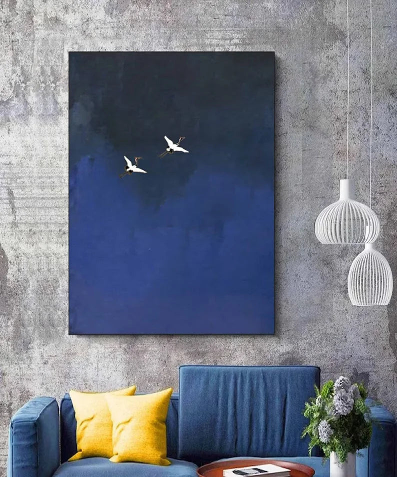 Multicolor Minimalist Blue Crane Oil Painting Tranquil Asian-Inspired Wall Art - Artwallpainting