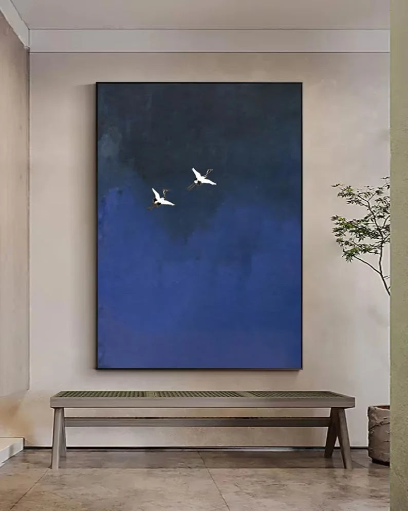 Multicolor Minimalist Blue Crane Oil Painting Tranquil Asian-Inspired Wall Art - Artwallpainting