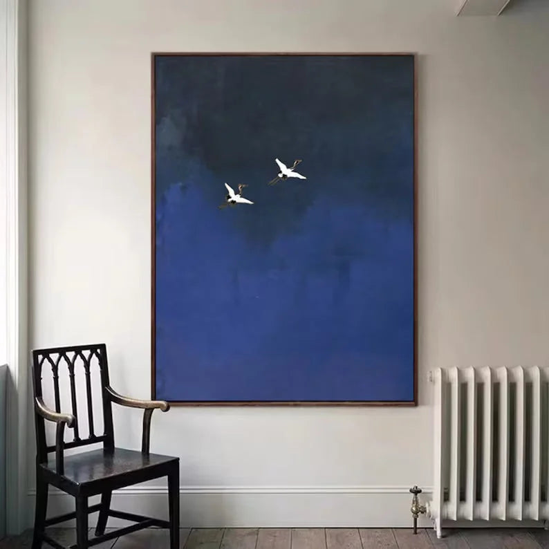 Multicolor Minimalist Blue Crane Oil Painting Tranquil Asian-Inspired Wall Art - Artwallpainting