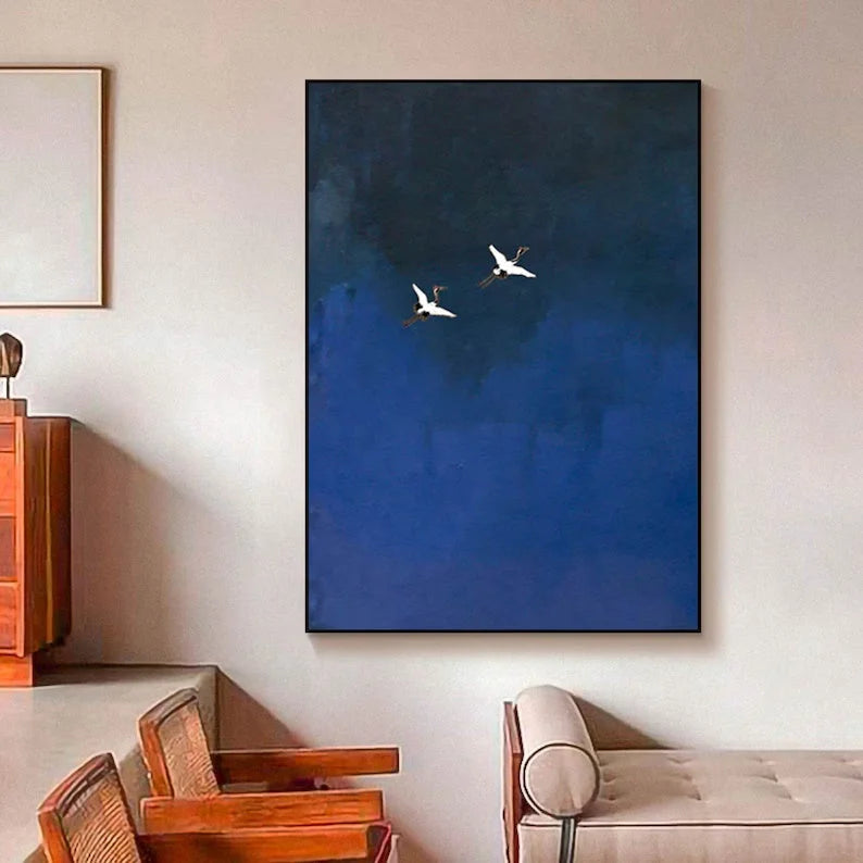 Multicolor Minimalist Blue Crane Oil Painting Tranquil Asian-Inspired Wall Art - Artwallpainting