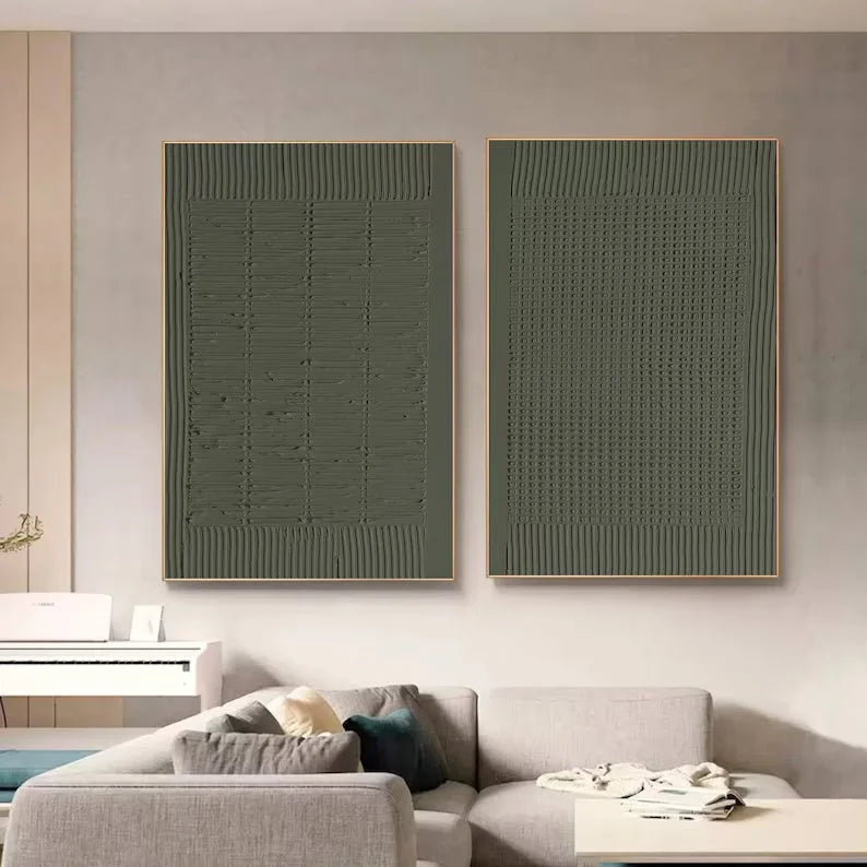 Multicolor Minimalist Olive Green Textured Wall Art Set Of 2 - Artwallpainting