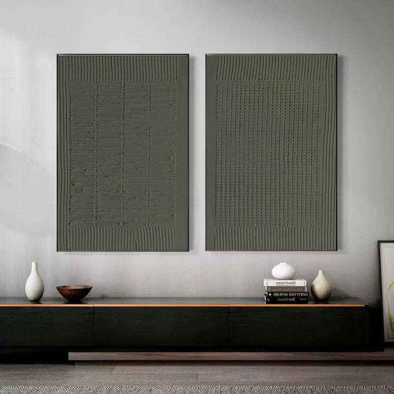 Multicolor Minimalist Olive Green Textured Wall Art Set Of 2 - Artwallpainting