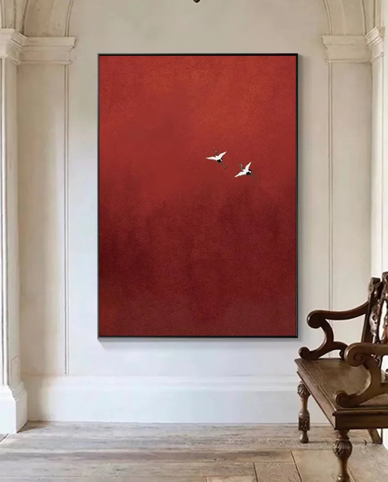 Multicolor Minimalist Red Crane Painting Asian-Inspired Modern Wall Art - Artwallpainting