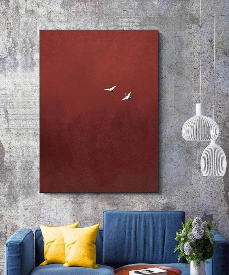 Multicolor Minimalist Red Crane Painting Asian-Inspired Modern Wall Art - Artwallpainting