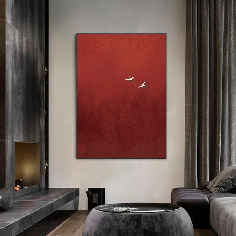 Multicolor Minimalist Red Crane Painting Asian-Inspired Modern Wall Art - Artwallpainting