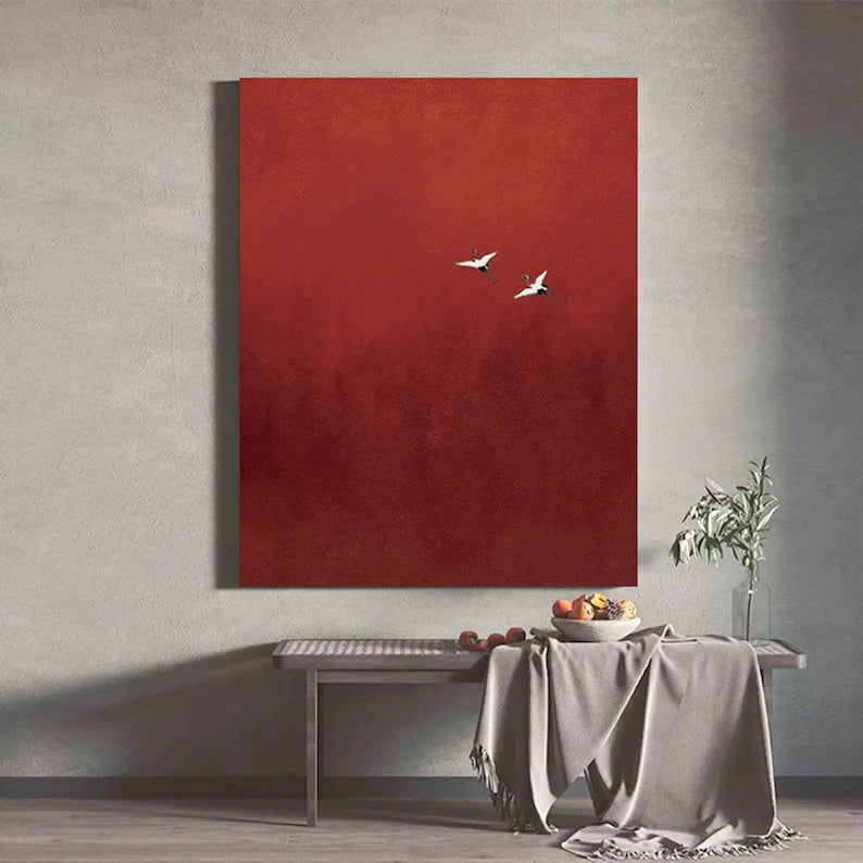 Multicolor Minimalist Red Crane Painting Asian-Inspired Modern Wall Art - Artwallpainting