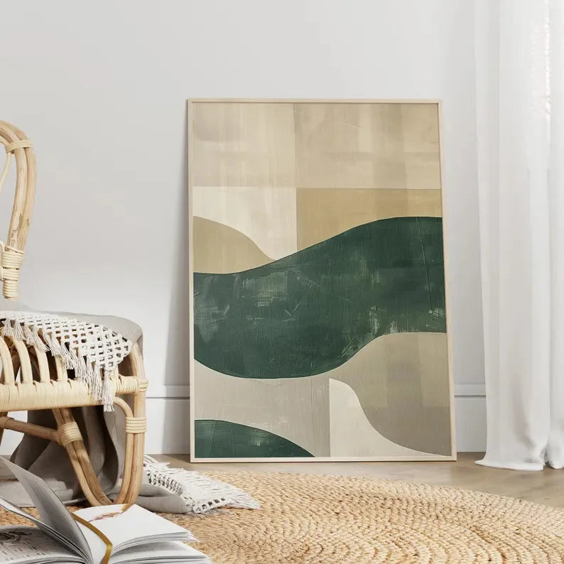 Multicolor Modern Abstract Canvas Art - Minimalist Green And Beige Wall Decor - Artwallpainting