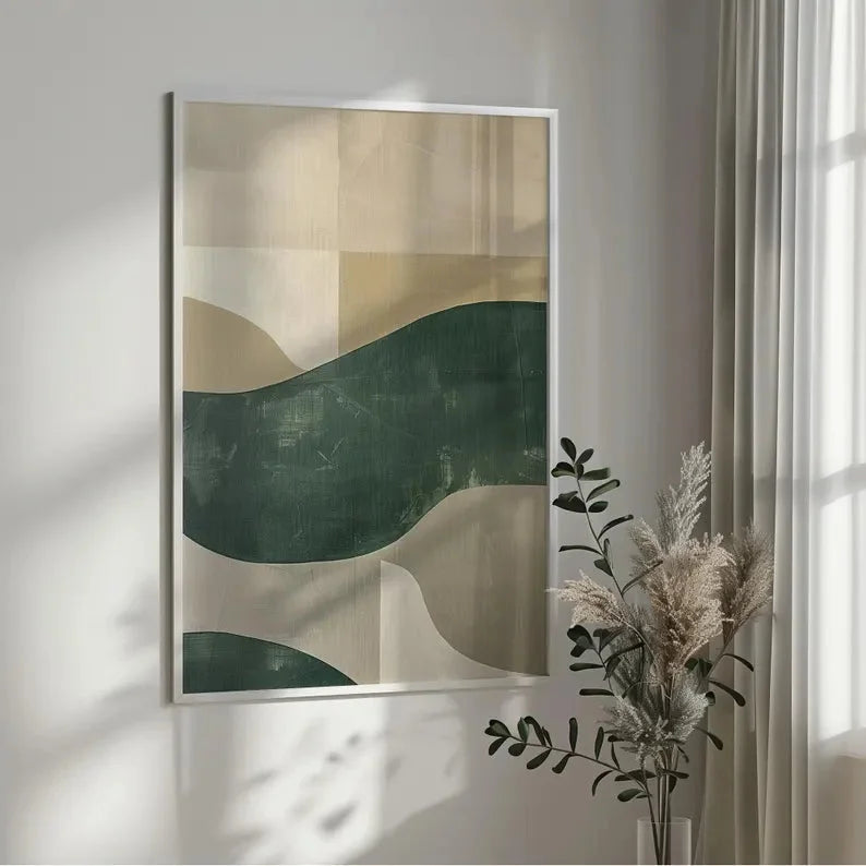 Multicolor Modern Abstract Canvas Art - Minimalist Green And Beige Wall Decor - Artwallpainting