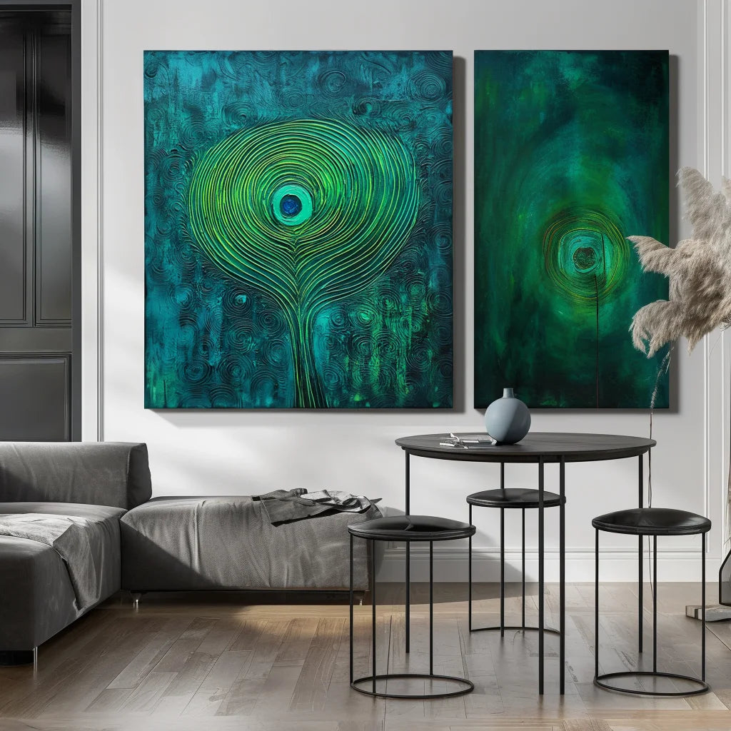 Multicolor Mystic Whorl Canvas-Modern Abstract Blue-Green Gradient Peacock Feather Wall Art - Artwallpainting