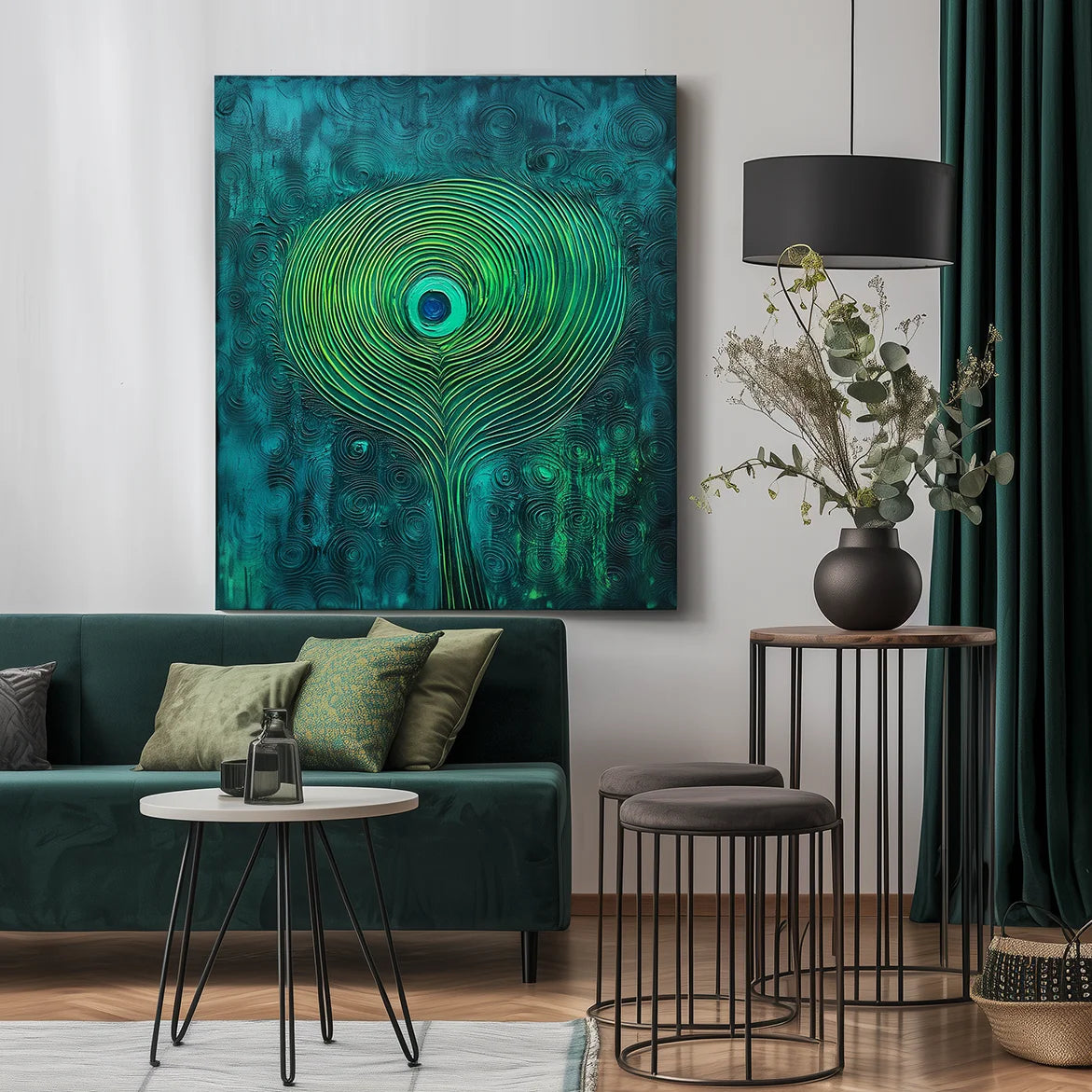 Multicolor Mystic Whorl Canvas-Modern Abstract Blue-Green Gradient Peacock Feather Wall Art - Artwallpainting
