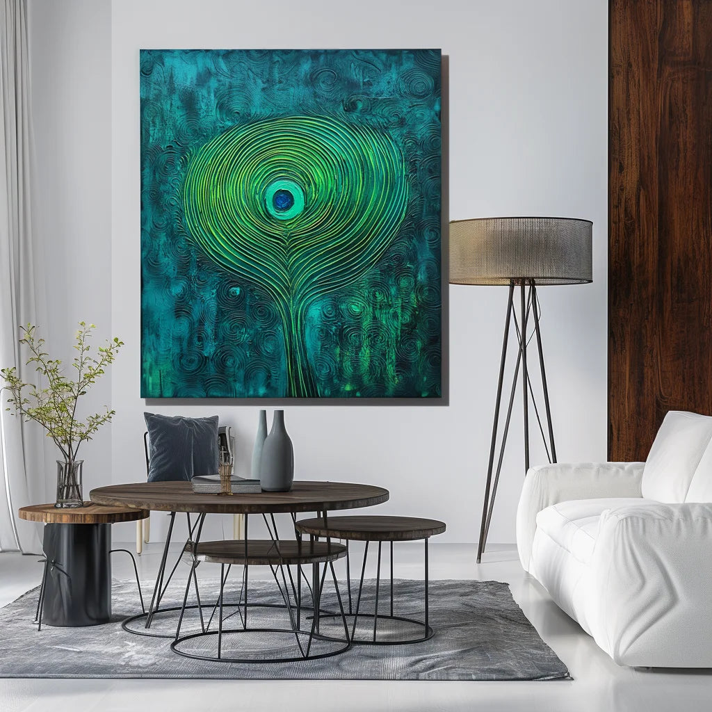 Multicolor Mystic Whorl Canvas-Modern Abstract Blue-Green Gradient Peacock Feather Wall Art - Artwallpainting