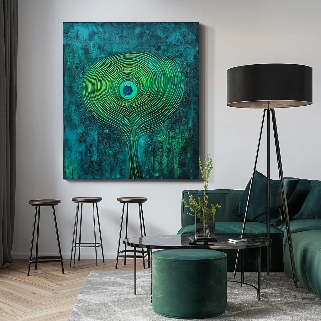 Multicolor Mystic Whorl Canvas-Modern Abstract Blue-Green Gradient Peacock Feather Wall Art - Artwallpainting