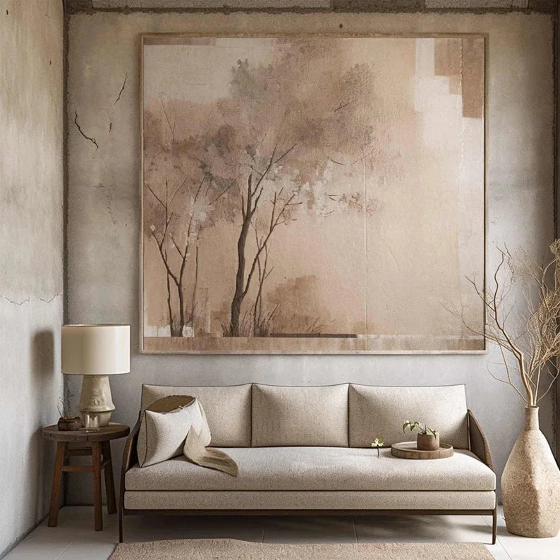 Multicolor Neutral Toned Nature Wall Art Minimalist Tree Canvas For Interiors - Artwallpainting