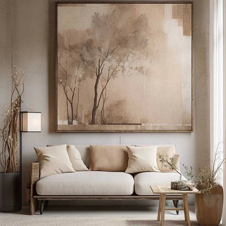 Multicolor Neutral Toned Nature Wall Art Minimalist Tree Canvas For Interiors - Artwallpainting