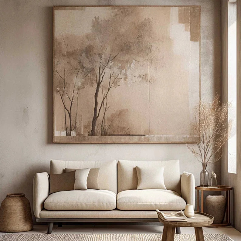 Multicolor Neutral Toned Nature Wall Art Minimalist Tree Canvas For Interiors - Artwallpainting