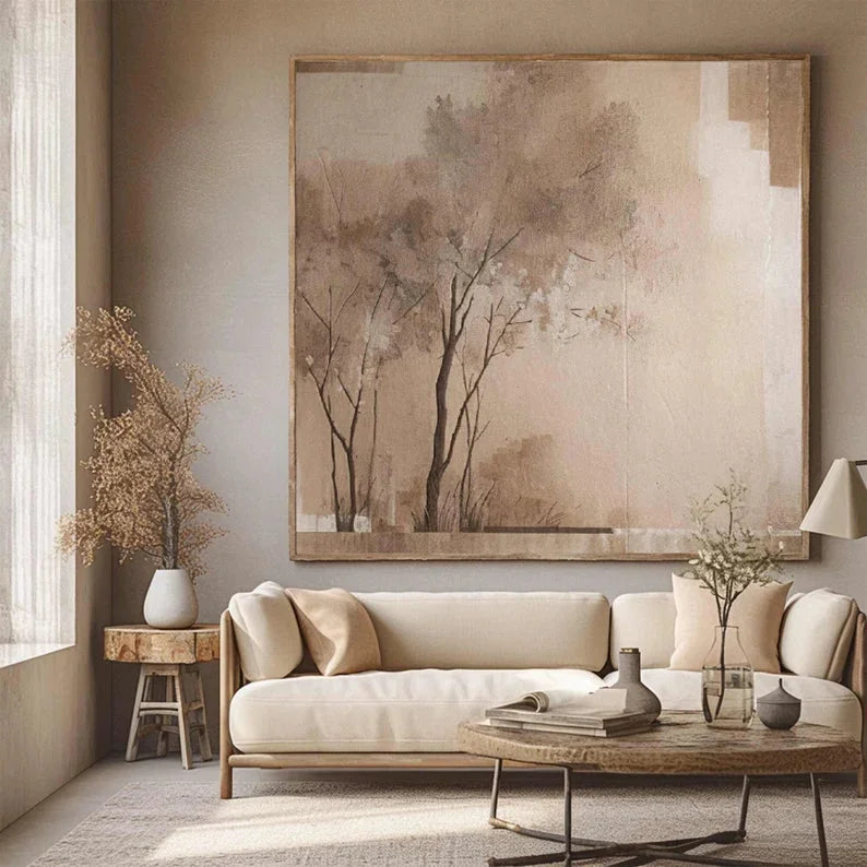 Multicolor Neutral Toned Nature Wall Art Minimalist Tree Canvas For Interiors - Artwallpainting
