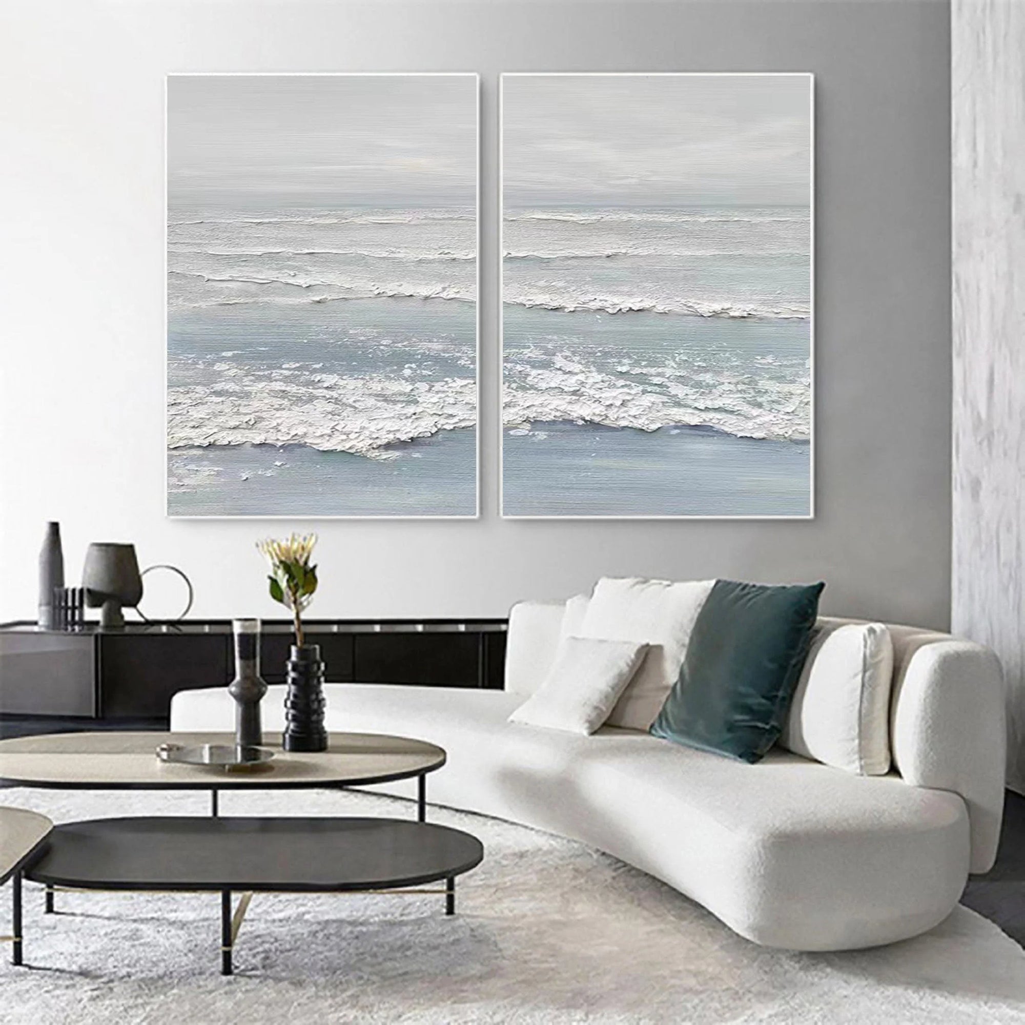 Multicolor Ocean Whisper Dual Panel Textured Seascape Art - Artwallpainting