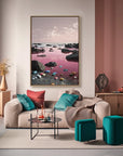 Multicolor Pink Horizon Abstract Seascape With Colorful Shore Stones - Artwallpainting