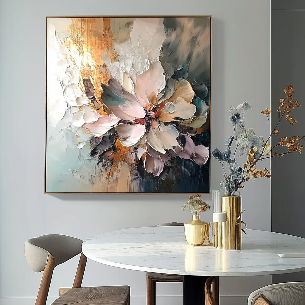 Multicolor Radiant Bloom - Hand Drawn Thick Painted Floral Wall Art In Modern Interior Design - Artwallpainting
