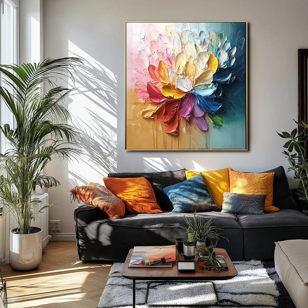 Multicolor Radiant Bloom-Hand-Painted Abstract Oil Painting With High Saturation Color, Wall Art - Artwallpainting